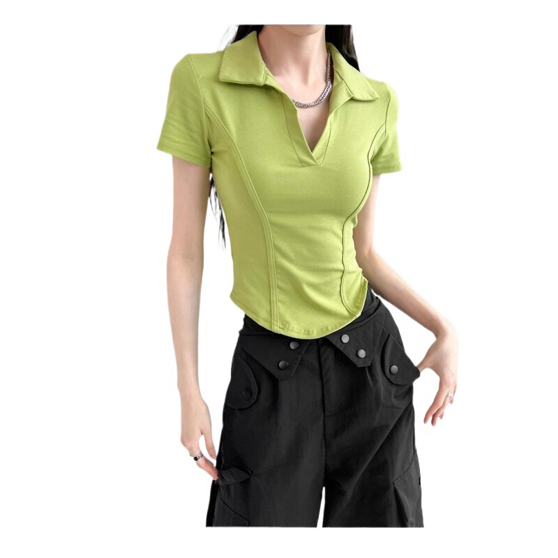 2025 夏の新ヨーロッパとアメリカのホットガールスタイルショルダー半袖 Tシャツ女性のポロラペルウエストフィッシュボーン痩身トップ|undefined