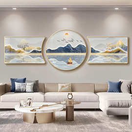山川福鹿客厅装饰画现代轻奢山水三联壁画高级感沙发背景墙背挂画