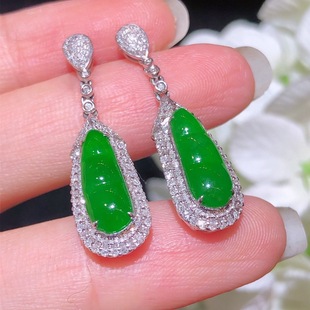 Natural jadeite a goods water embellish color bright appearance full yang green fu bean earrings 18k gold inlay