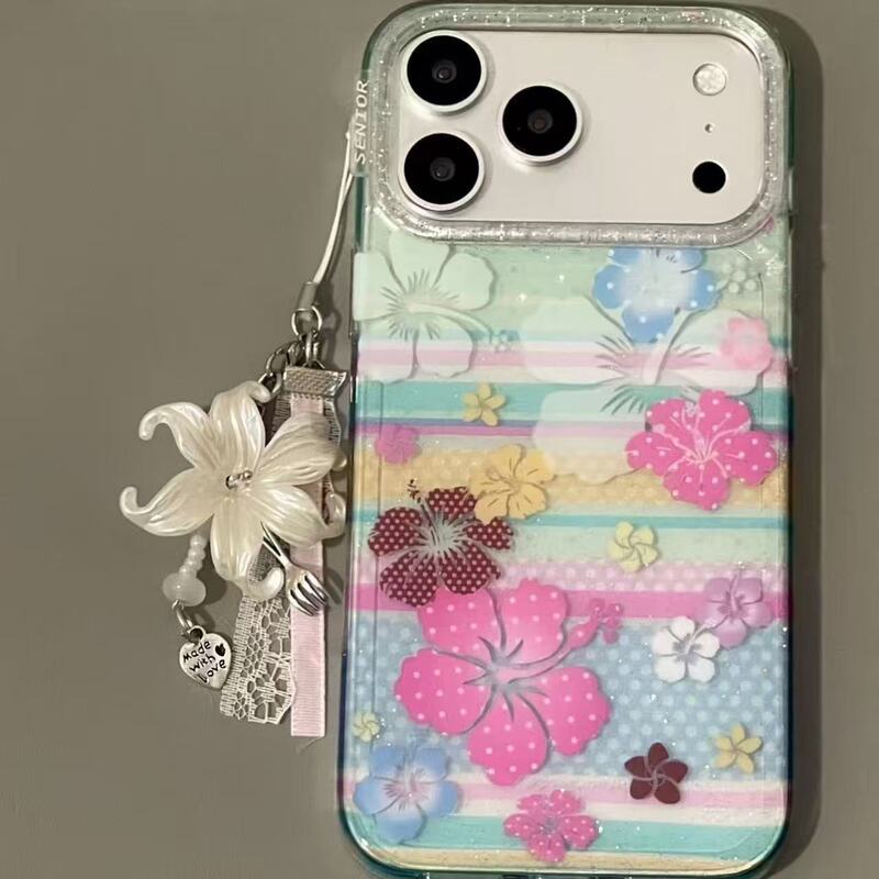 Vintage-style fresh and delicate glitter hibiscus flower case for Apple iPhone, shockproof, double-layer, suitable for girls, waterproof