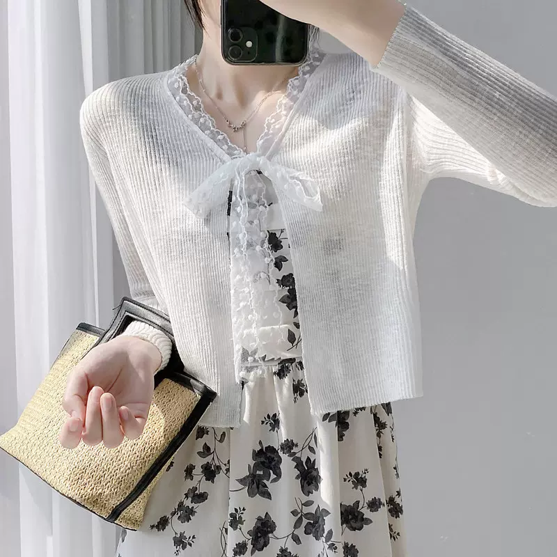 韩系夏季系带蕾丝短款V领防晒衣女慵懒外搭针织开衫长袖薄款上衣