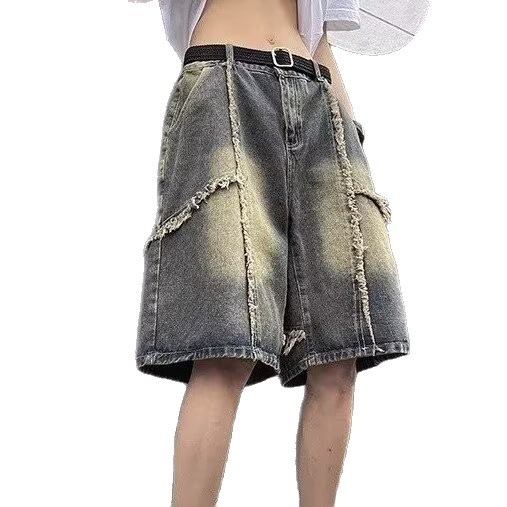 Men's Retro Style Distressed Denim Shorts Frayed Wash Loose Fit Five Point Summer American Style Pants_mkmklike.com