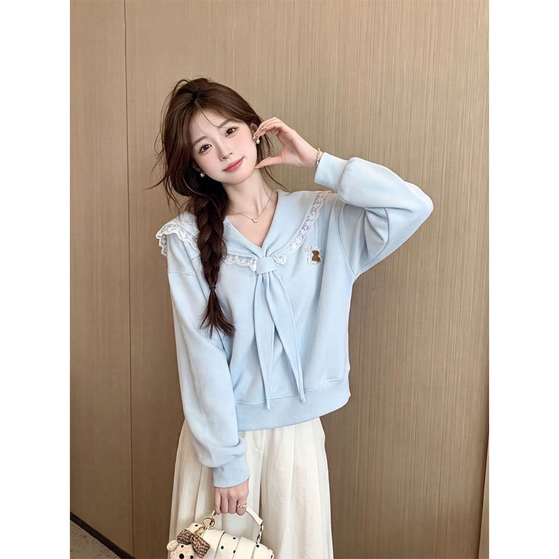 Blue sweet lace trim navy collar sweatshirt for women, spring/autumn 2026 new loose fit slimming chic long-sleeve top Blue sweet lace trim navy collar sweatshirt for women, spring/autumn 2026 new loose fit slimming chic long-sleeve top