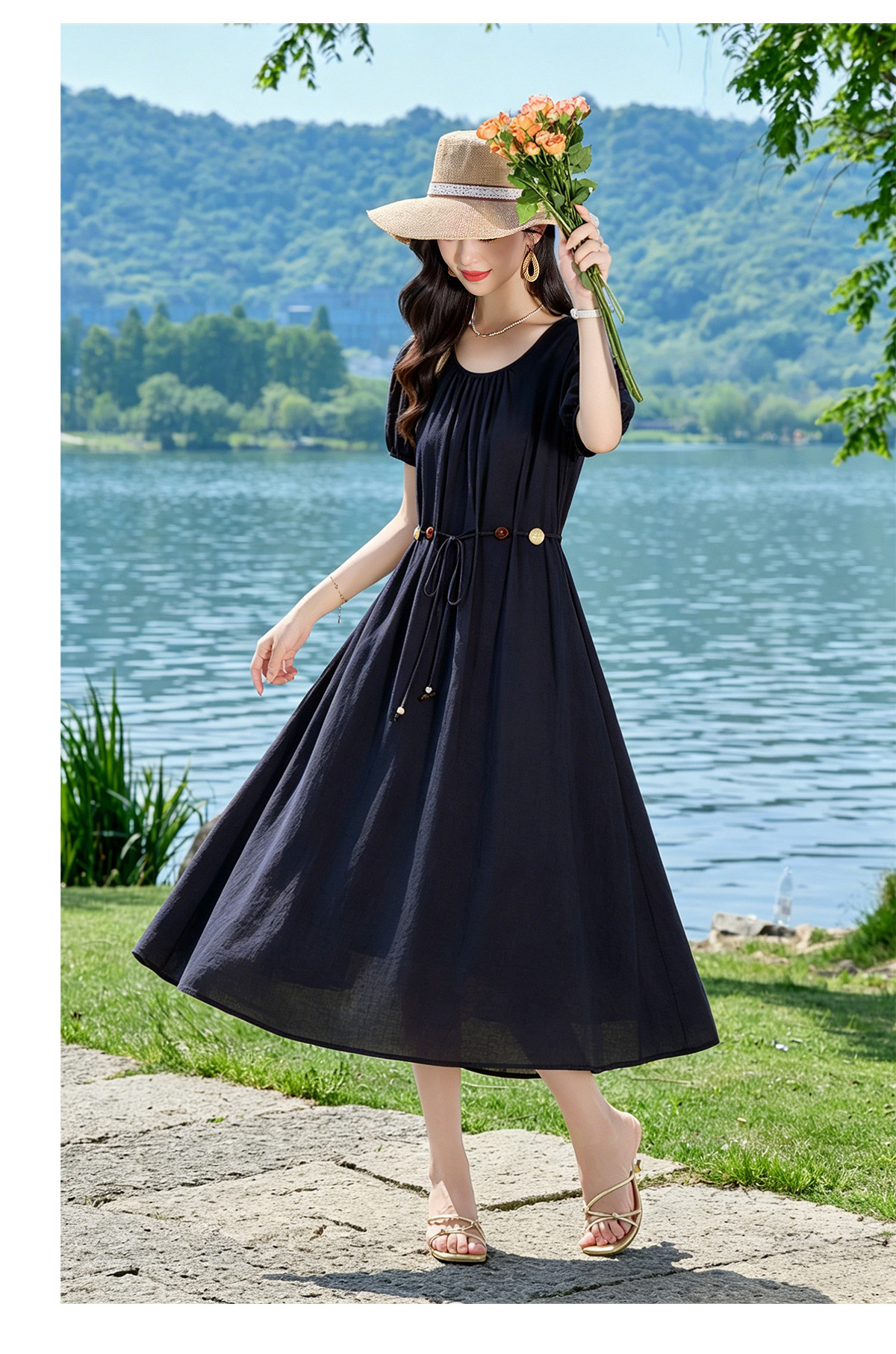 Đầm suông midi cổ V eo thắt dây dáng chữ A tay ngắn — Xanh lông mòng đen, màu trắng, màu vàng chi tiết 15