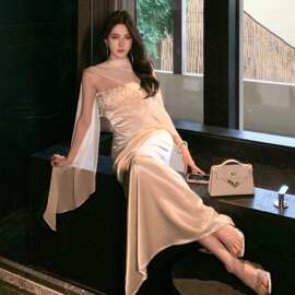 流光盛宴白色抹胸连衣裙女修身显瘦披肩亮片名媛礼服长裙图片色