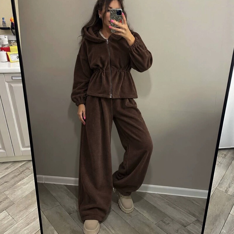 Cross-border women's velvet casual two-piece set: fitted, ruched, hooded zip-up jacket with high-waisted, wide-leg long pants, available in multiple colors