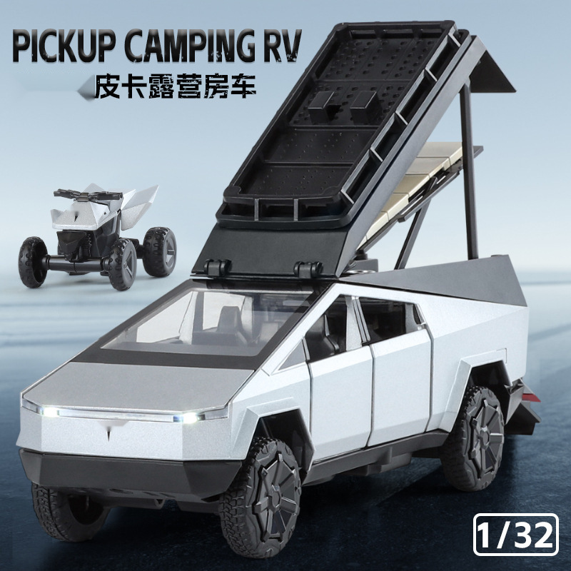 (Boxed) Simulation 1: 32 Pickup Camping Alloy RV with Motorcycle A3245 Model Children's Toys