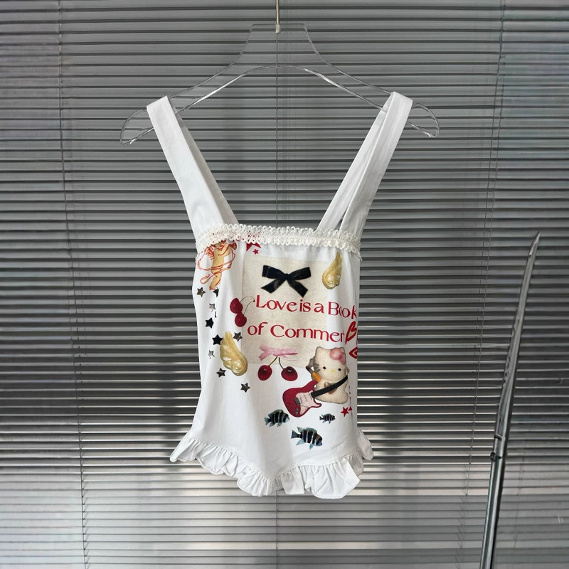 Girl's Cute Printed Vest Sling Women's 2025 Summer Designer Niche White Sleeveless Top Ins Style