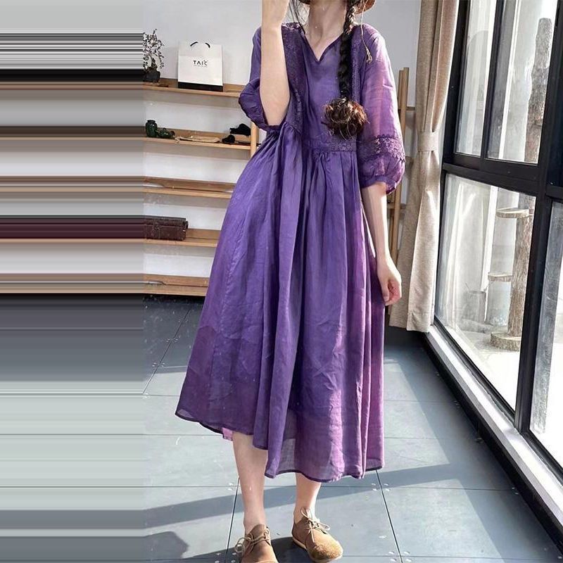 Foreign Trade Italy Original Single Tailstock High-end Big Brand Women's Tencel Ramie Dress V-Neck Cotton Linen Big Swing Robe