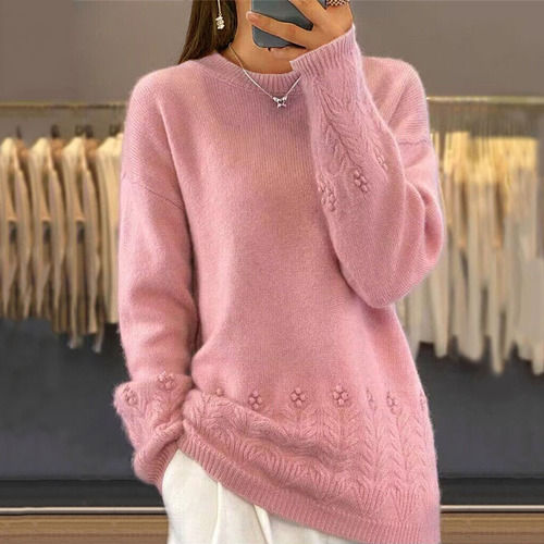 Women's Autumn/Winter New Round Neck Solid Color Knit Top Up Retro Lace Hooded Sweater