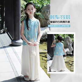 女童新中式国风套装夏装儿童汉服唐装小女孩缎面上衣阔腿裤两件套