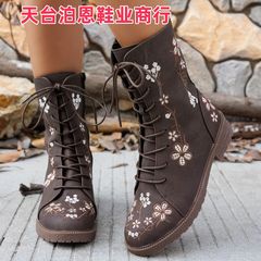跨境外贸现货2025圆头前系带方跟pu欧美绣花女短靴秋冬新款及踝靴