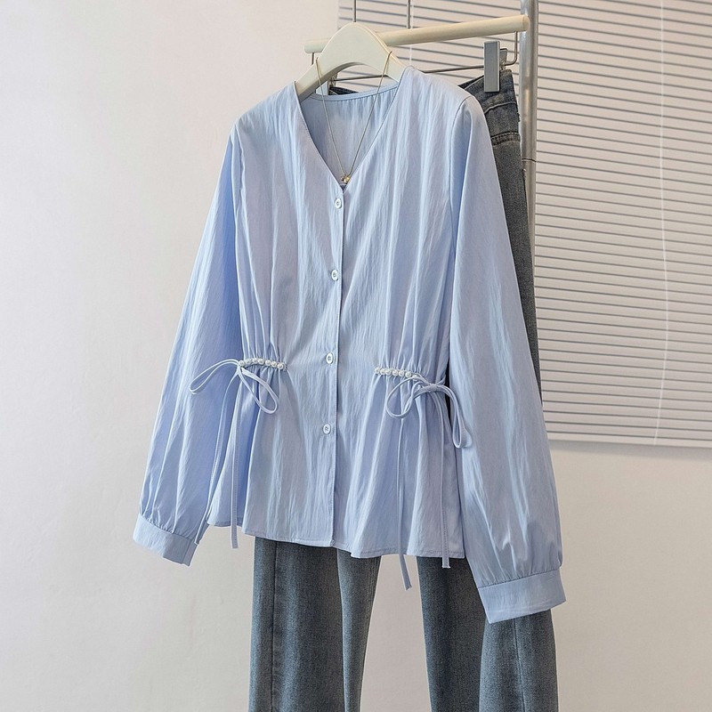 Plus Size Women's Fat mm French V Neck Blue Shirt 2025 Autum New Waist Thin Belly-Covering Long-Sleeved Top