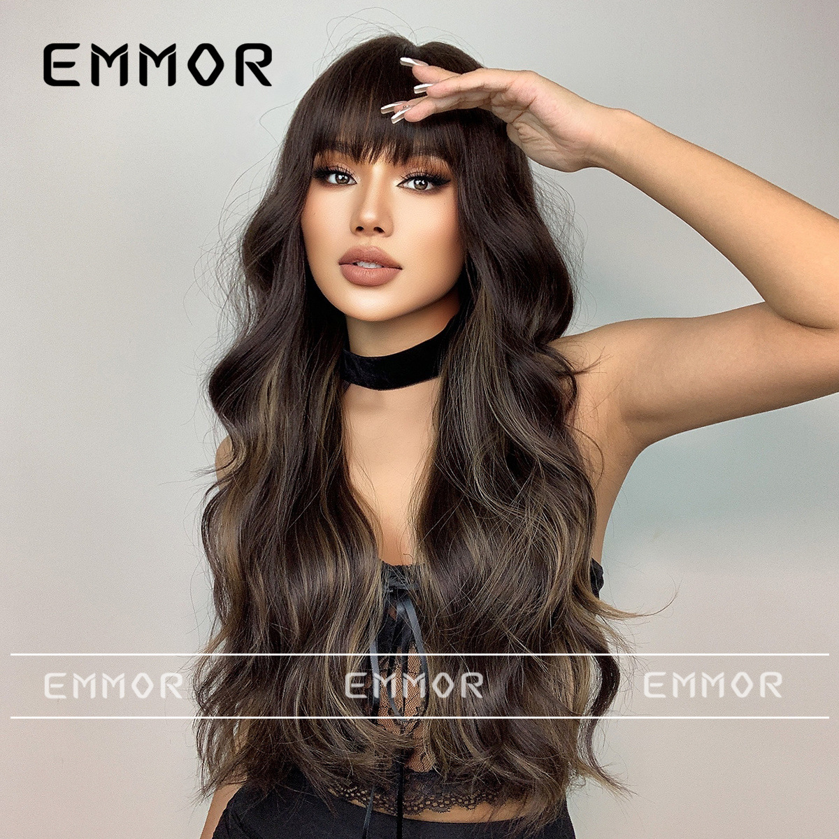 Elegante nueva moda de las mujeres Peluca de pelo largo y rizado con flequillo negro marrón estilo europeo y americano gran ola peluca cabeza cubierta