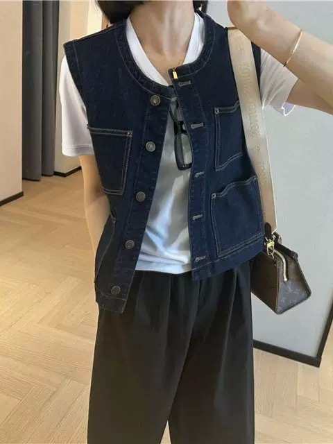 韓国風トップス、ファッショナブルでストレートなレトロなダークブルーのラウンドネックショートデニムベスト、重ね着できる万能ノースリーブベストジャケット|undefined