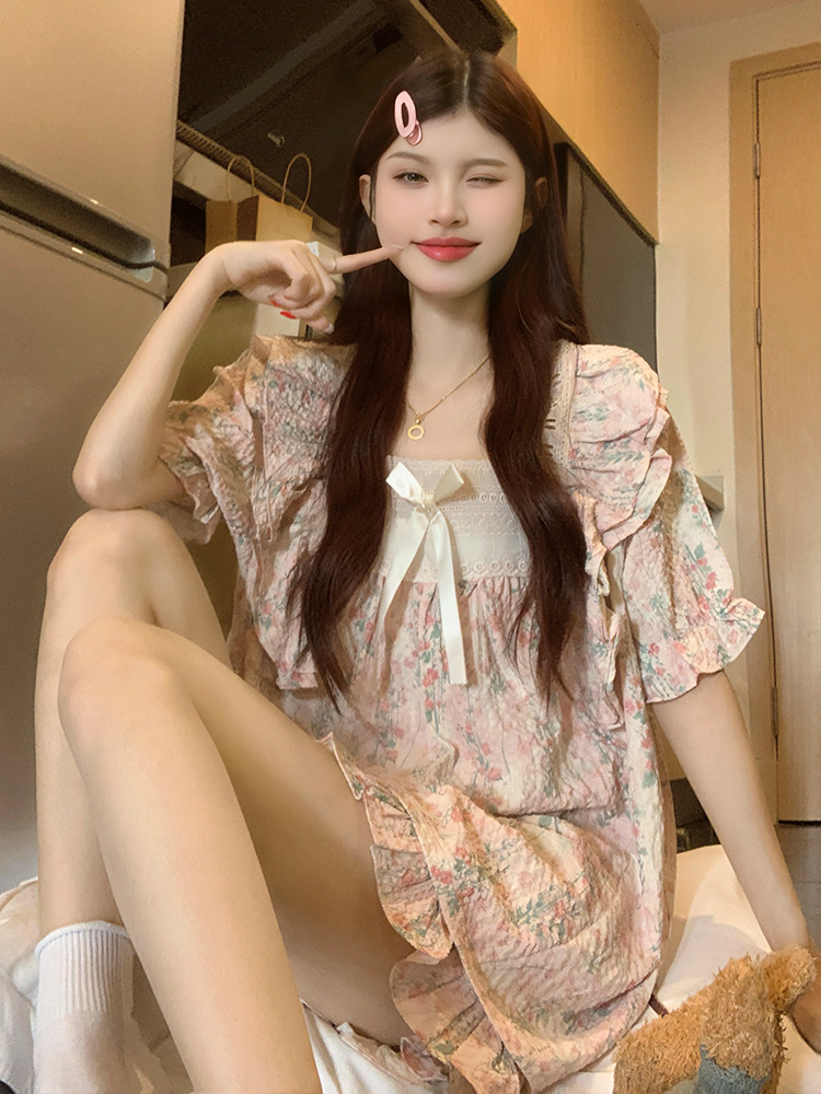 2025 新プリンセススタイル半袖パジャマ女性の夏のバブル綿大きいサイズ妊婦甘い薄いホーム服