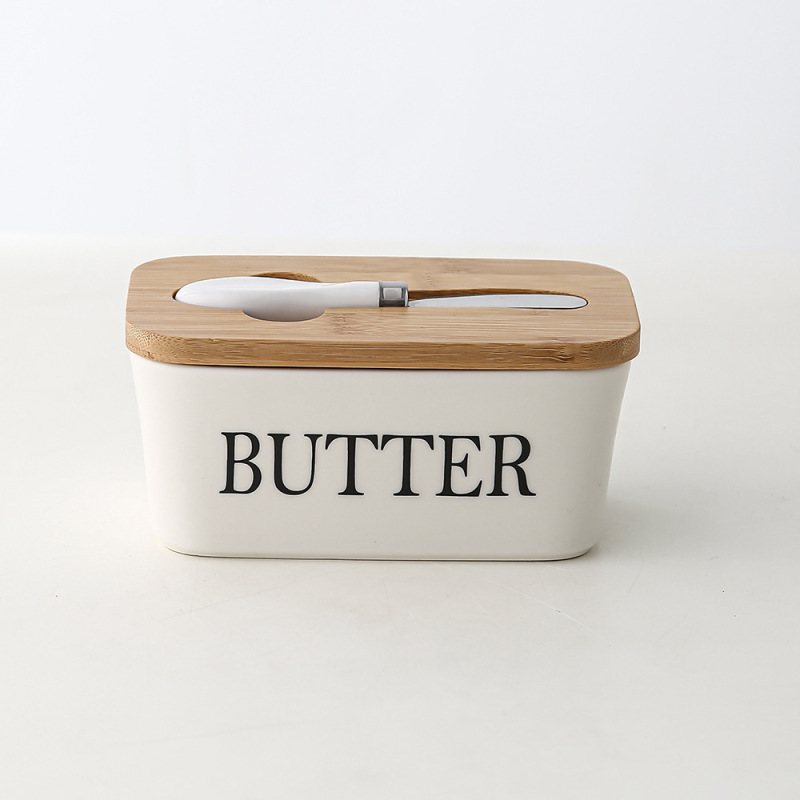 長方形の陶磁器のバターの箱の密封の缶の牛油の箱の竹の蓋はナイフの洋式の家庭用チーズの箱のクロスボーダーのアマゾンを持ちます。|undefined