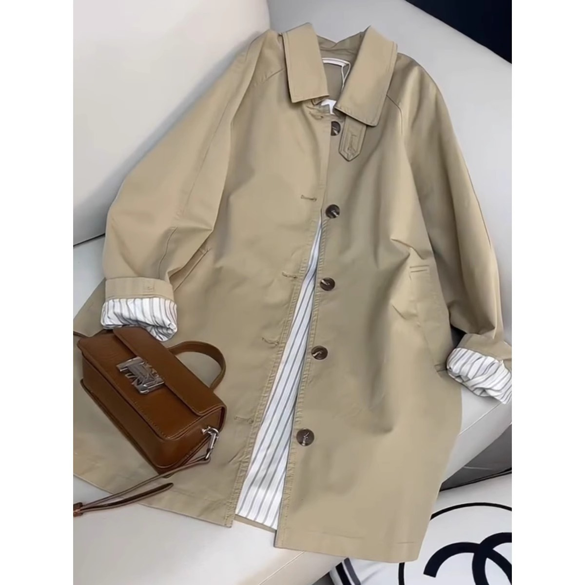 khaki Coat Coat Women's 2025 Spring and Autumn New Korean Style Mid-long High-end Coat British Style