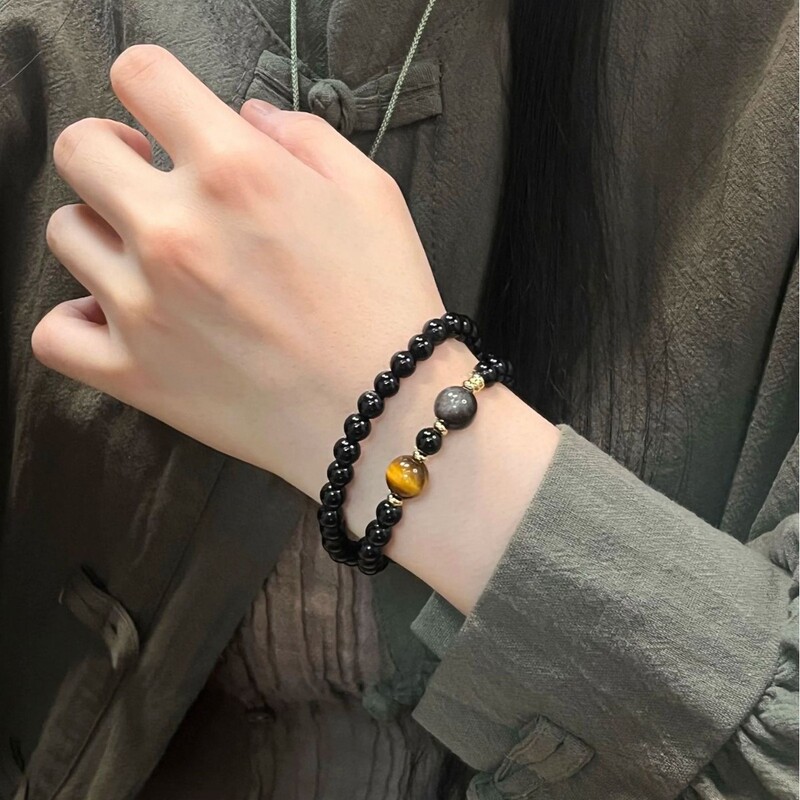 Natural Black Gold Obsidian Bracelet for Women, Tiger Eye Stone Double Circle Bracelet for Men, Retro Style Niche Accessible Luxury Stacking Bracelet Natural Black Gold Obsidian Bracelet for Women, Tiger Eye Stone Double Circle Bracelet for Men, Retro Style Niche Accessible Luxury Stacking Bracelet