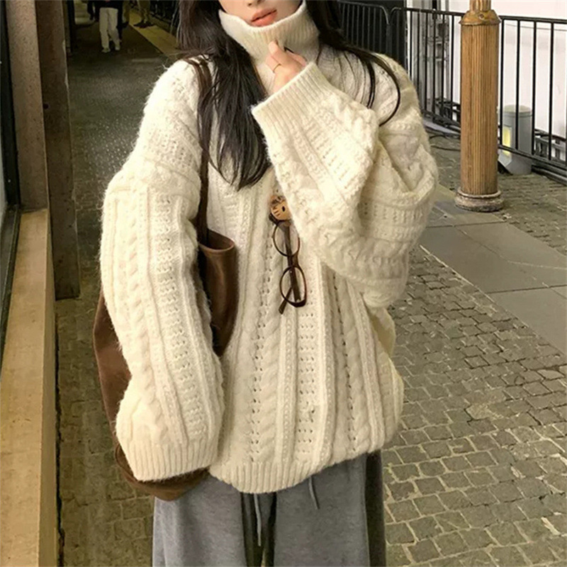 慵懒风高领麻花针织毛衣女宽松加厚纯色上衣秋冬季新款高级感上衣