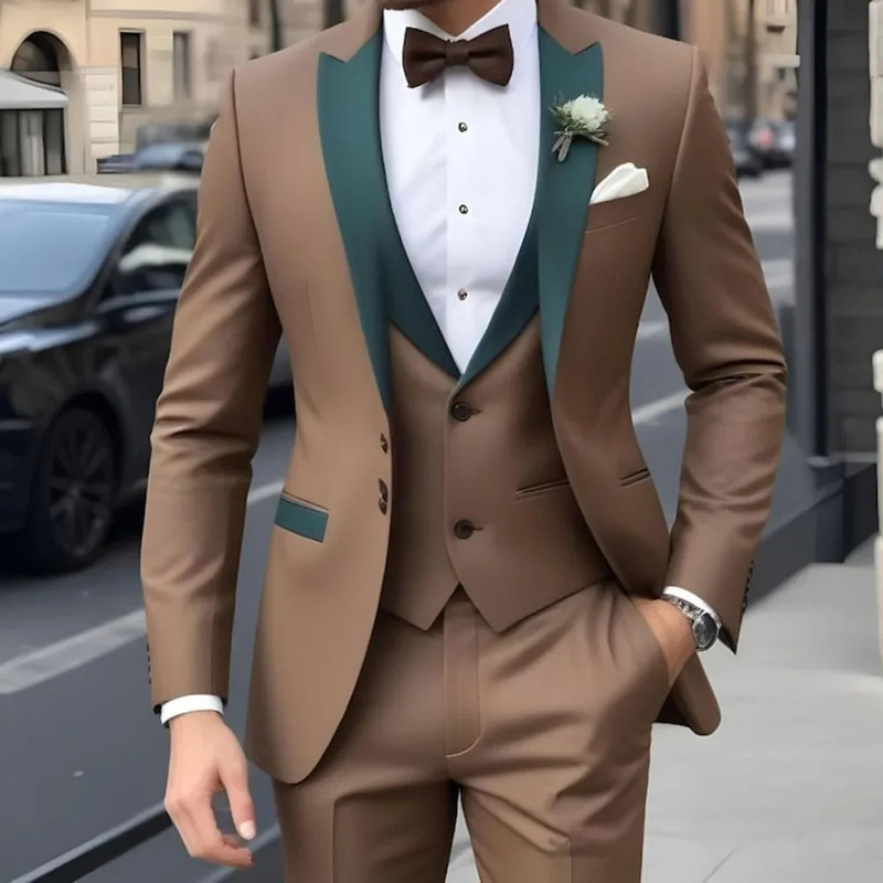 2026 New Brown Men's Suit Single-Breasted Slim-Fit Jacket and Pants Tuxedo Set Performance Outfit for Men