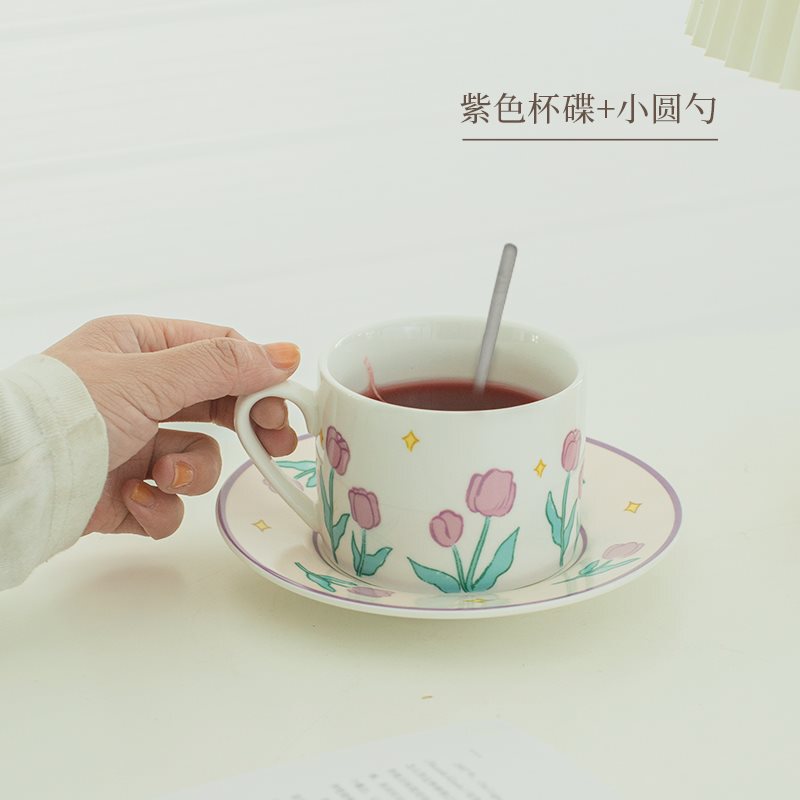 复古郁金香粉色少女心马克杯下午茶陶瓷杯碟套装喝水咖啡杯子韩式|undefined