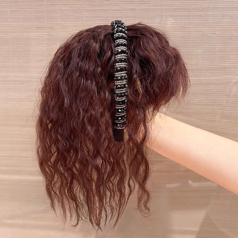 Light Luxury Rhinestone Headband Integrated Wool Curly Hairpiece for Middle-Aged and Elderly Women, Full Coverage to Cover Gray Hair and Increase Hair Volume, Curly Hairpiece