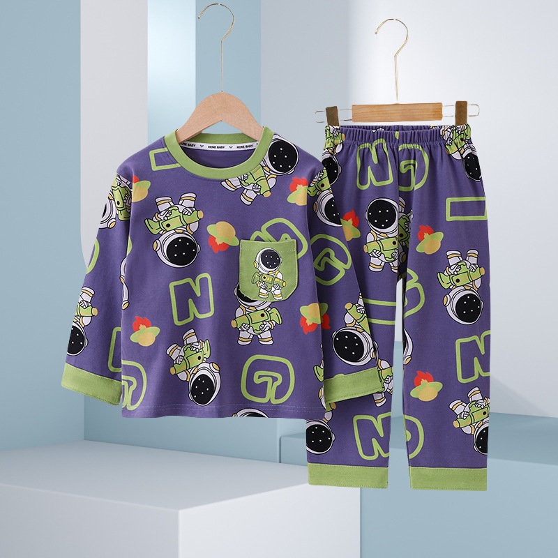 Children's pure cotton pajama set, boys and girls, spring and autumn style, long-sleeved baby home wear set, casual pajamas for medium and large children.
