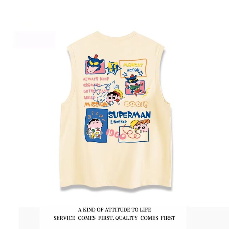 Japanese Style Crayon Shin Sleeveless Couple T-shirt Summer Ins Loose All-match Trendy Brand Cut-off Sleeve Vest for Men 12