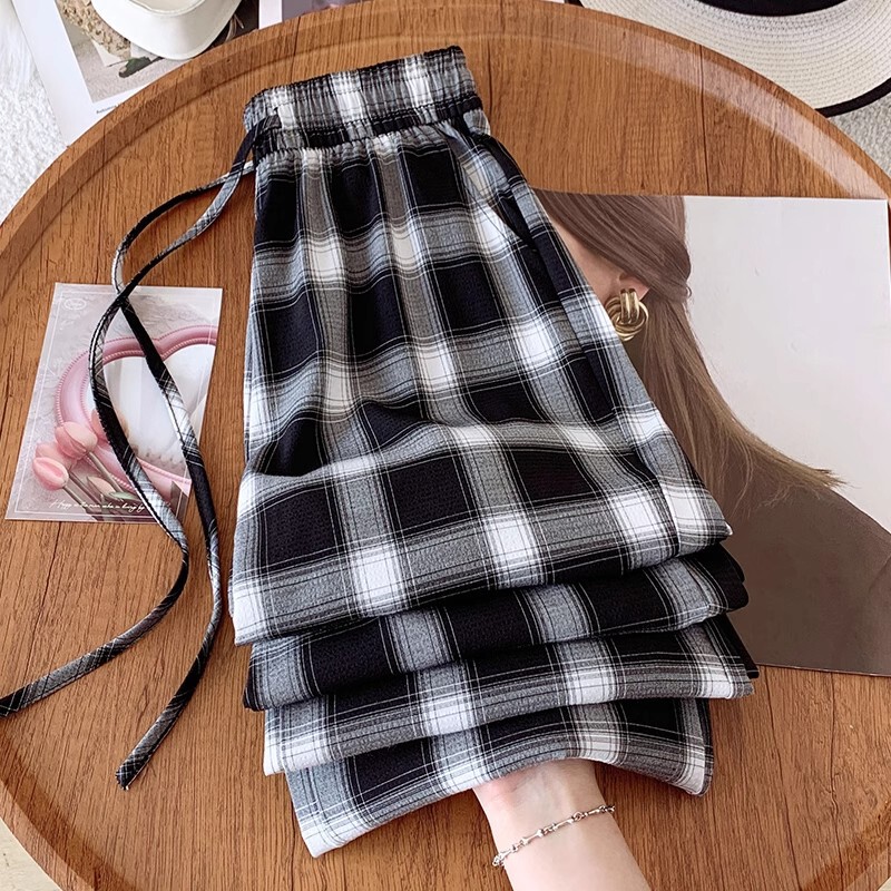 Ice Silk Plaid Wide-Leg Pants for Women, Summer Thin Style 2025, High-Waisted, Slimming, Petite, Sun-Protection Pants, Cool Pants, Straight-Leg Pants