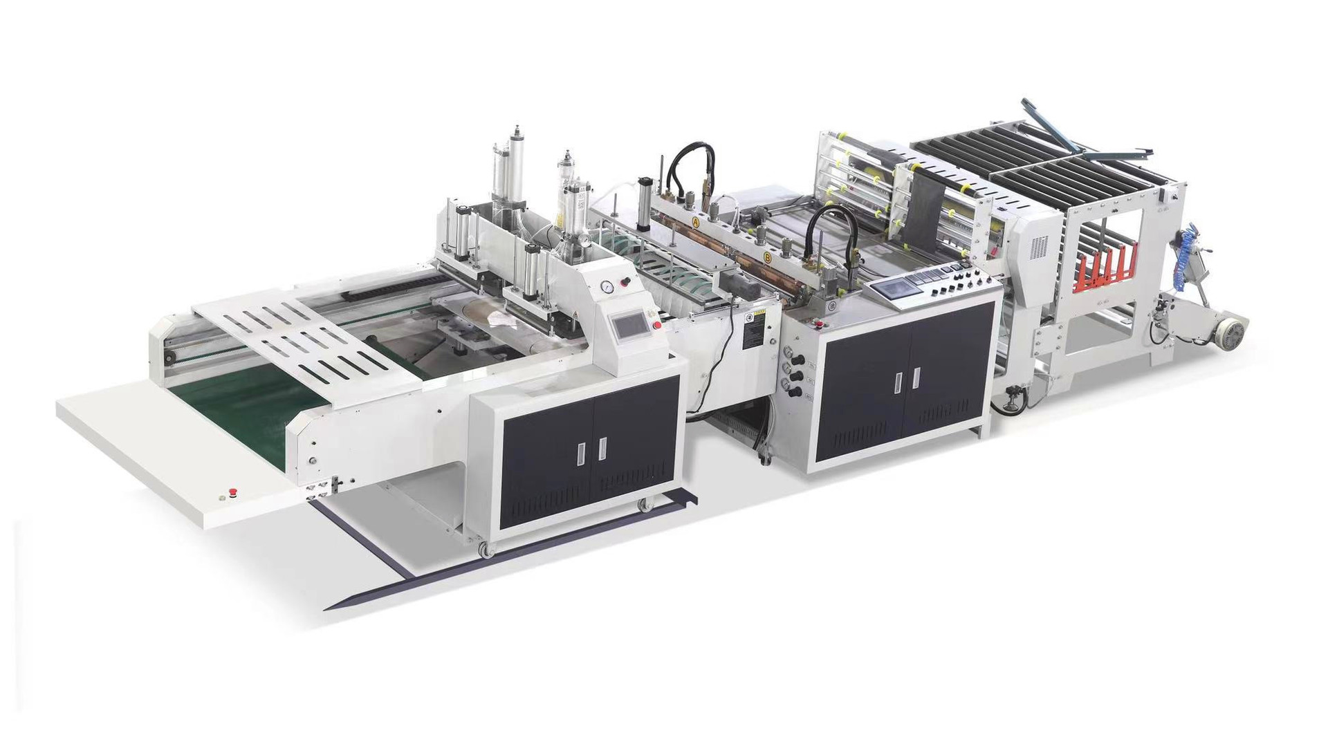 双道带自动冲口热封热切制袋机, 单道自动冲口热封冷切制袋机