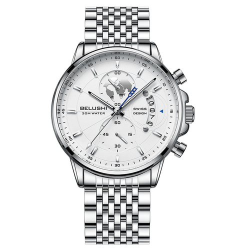 New fashion business three-eye chronograph genuine leather luminous watch steel strap personalized watch men's waterproof quartz watch