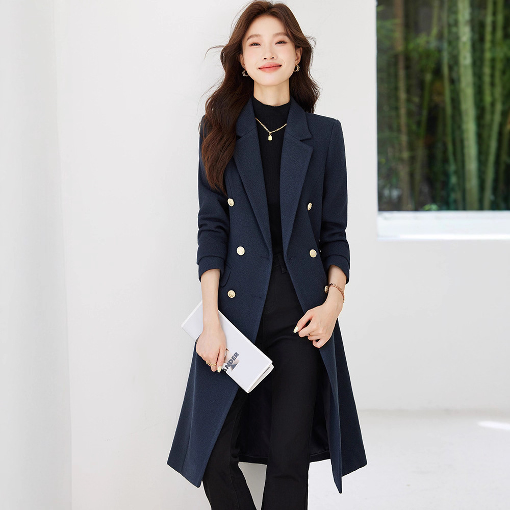 藏蓝色毛呢大衣女秋冬新款中长款气质商务通勤职业装加厚呢子外套