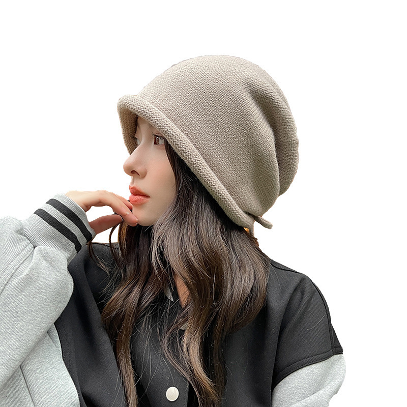 New Stacking Hat For Japanese Women, Small Face Display, Cold Cap, Big Head, Drawstring, Curled Edge, Knitted Yarn Hat_voghion.com
