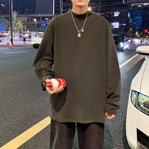 Spring and autumn Couples long-sleeved T-shirt, Hong Kong style, German velvet, loose bottomed shirt, men's pure color, half-high collar, warm sweater