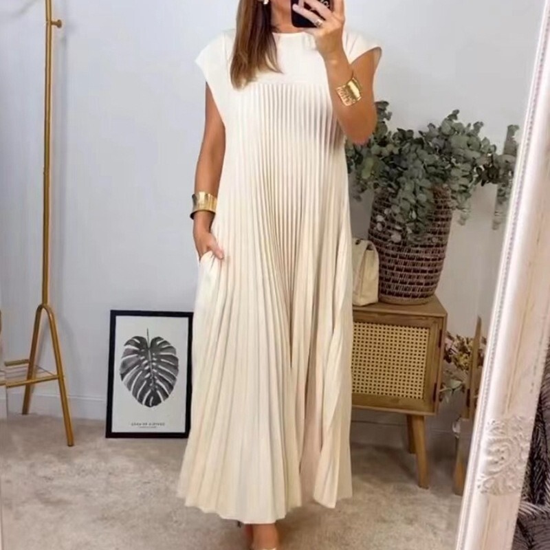 2023 autumn and winter New Amazon cross-border European and American fashion round neck sleeveless pleated dress women's clothing