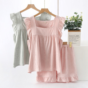 New Summer Pure Cotton Double Gauze Women's Pajamas Thin Sleeveless Vest Shorts Outer Wearing Home Clothes Suit