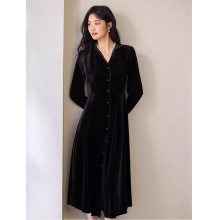 花边装饰丝绒针织显瘦百搭小黑裙2025冬季新款女连衣裙1G9993521