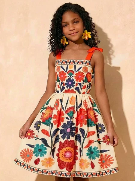 Girls' French Resort-Style Floral Print Dress with Contrasting Orange-Red Shoulder Straps, Bow Detail, and Cut-Out Back with a Cinched Waist