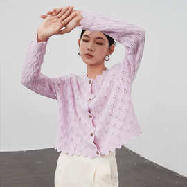 仙女甜美风上衣女紫色白色毛衣开衫镂空罩衫薄款针织衫短款罩衣