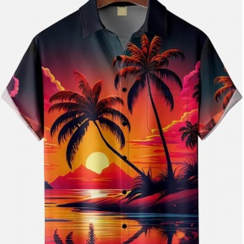 Cross-Border New Style Short-Sleeved Men's Hawaiian Shirt with Coconut Tree and Turtle 3D Print Trendy Fashion Direct from the Source Factory