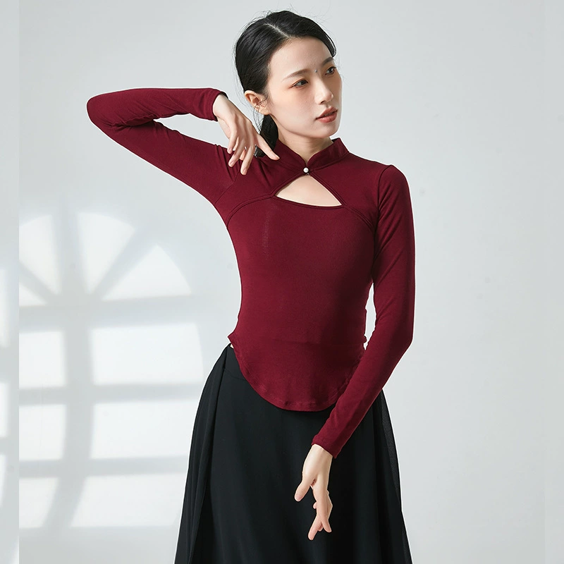 Классический танцевальный костюм с полым воротником Cheongsam, воротником-стойкой, длинными рукавами, тренировочным нарядом, нарядом для похудения, нарядом для художественного экзамена.