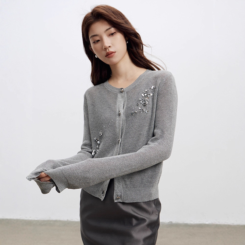 Tencel Linen Knitted Cardigan for Women, Thin Style, 2026 Spring New Women's Fashion, High-End Feel, Hand-Beaded Sweater Jacket