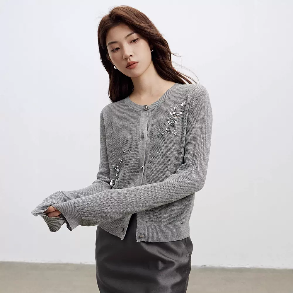 天丝亚麻针织开衫女薄款2025秋季新款女装高级感手工钉珠毛衣外套