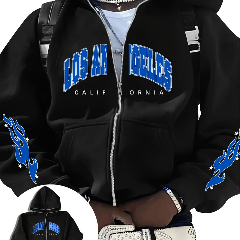 Pure Black High Street Fashion Brand Zip-Up Hoodie with Blue Flame La Letter Print, Loose Fit, Drop Shoulder, Versatile Couple's Top Pure Black High Street Fashion Brand Zip-Up Hoodie with Blue Flame La Letter Print, Loose Fit, Drop Shoulder, Versatile Couple's Top