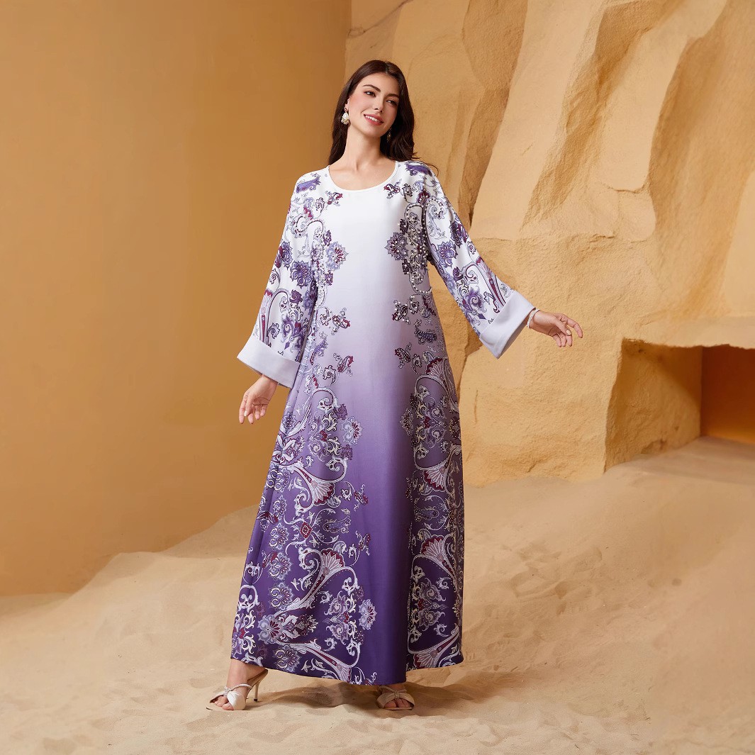 SW2514 Middle East Cross-border New Model Muslim Women's Robe With Printed Patterns, Rhinestones, And Beading, Round_ecoleips.com