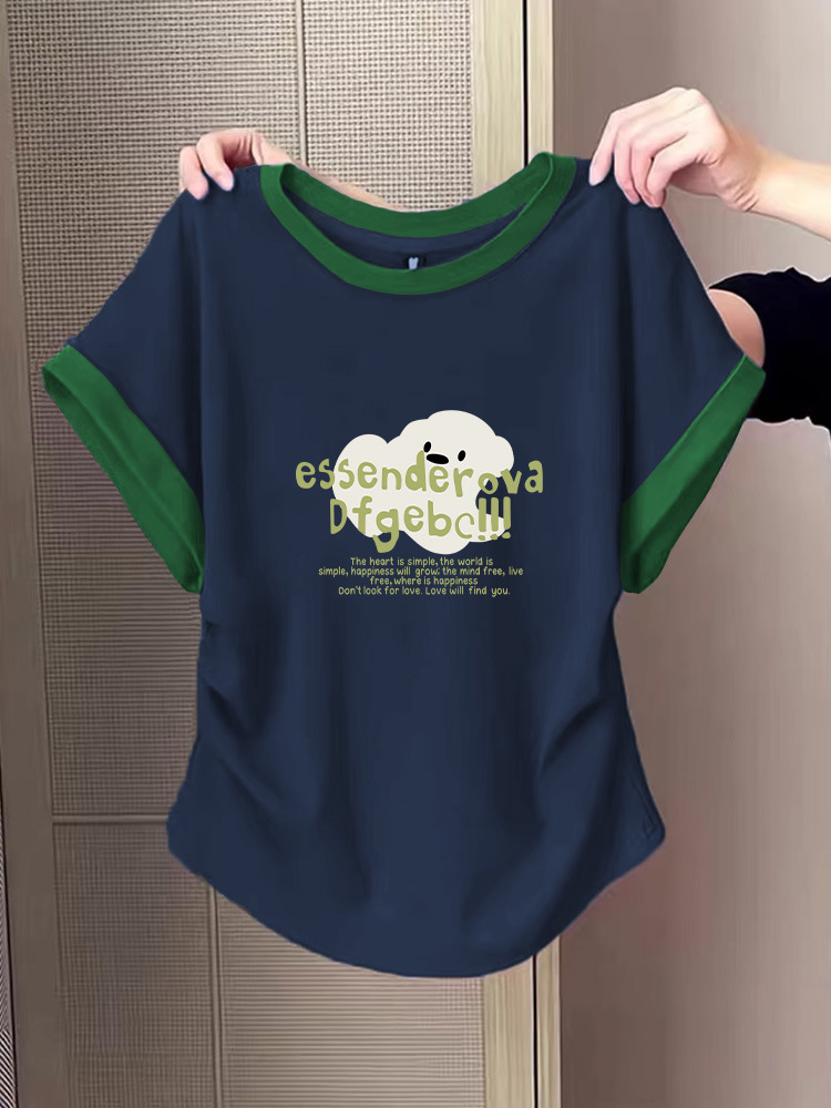 Unique Color-Blocked Short-Sleeve T-Shirt with Ruffled Sleeves and Fitted Waist for Women, Summer 2026 Stylish Slim-Fit Top