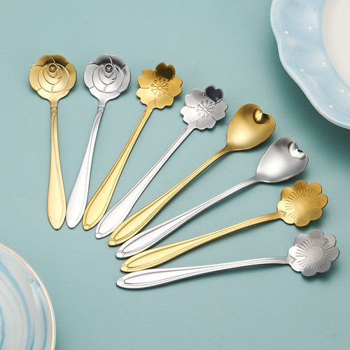 Wedding Long Handle Petal Spoon Stainless Steel Long Ice Spoon Titanium Gold Flower Spoon Stirring Spoon Heart Spoon Printed Logo