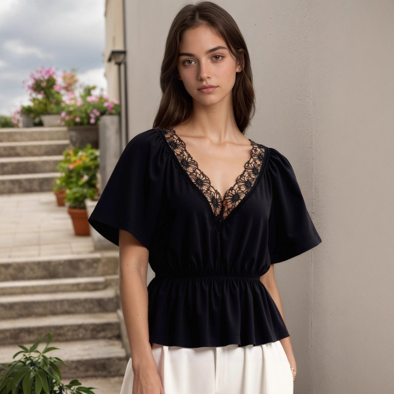 European and American Cross-Border New Style Women's Solid Color Top with Elegant Ruffled Lace Details, Waist-Cinching V-Neck Short-Sleeve Top European and American Cross-Border New Style Women's Solid Color Top with Elegant Ruffled Lace Details, Waist-Cinching V-Neck Short-Sleeve Top