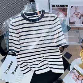 之he女装2024早春新款薄超细棉套头针织衫短袖T恤条纹宽松上衣夏